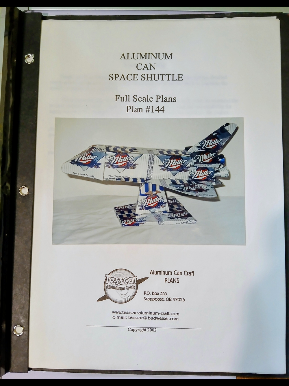 Aluminum Can Space Shuttle Plan with Miller Can Artwork
